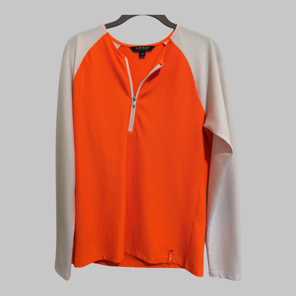 Lauren Ralph‎ Lauren Pullover Women L Orange Athleisure Colorblock Quarter Zip